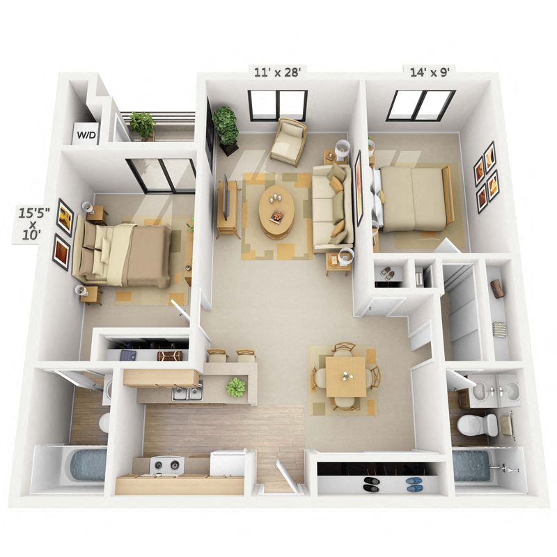 Floor plan for 2 beds, 2 baths, 971 sqft